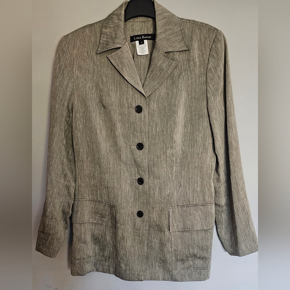 Lida Baday Blazer Linen Rayon Gray Fitted Womens Size 12 Jacket Designer Canada